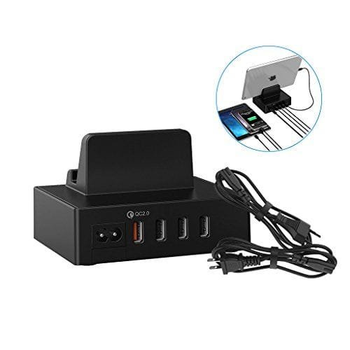 Estación de Carga Escritorio con 4 Puertos USB,34W 6.8A (un QC 2.0 y 3 Smart IC), para iPad, iPhone y los dispositivos de Android (2 Cables de US y EU),Color Negro Estación de carga con 4 USB !SuperChollo!