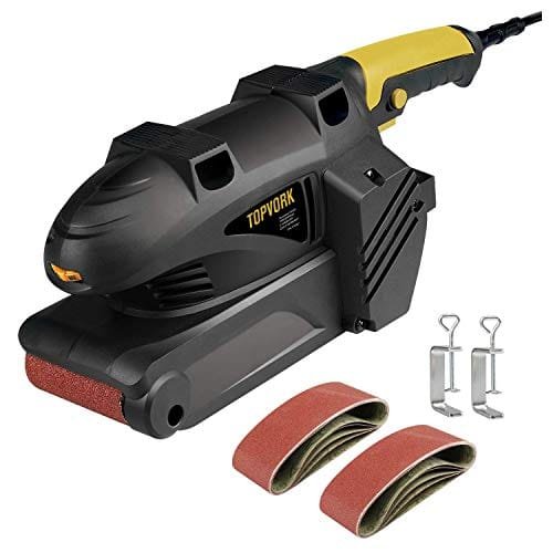 TOPVORK Lijadora de Banda, Lijadora Eléctrica 600W 11 Lijas de Banda 75x457mm, 7 Velocidades 360-560RPM, 170-250m/min, Lijadora de Cinta con 2 Adaptadores de Aspiradora, 1 Caja de Polvo, 2 Abrazaderas Lijadora banda TOPVORK de 600W solo 19,9€